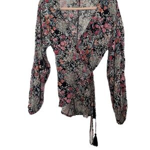 True Wrap Floral Bishop Sleeves Love Stitch Boho tassels Top